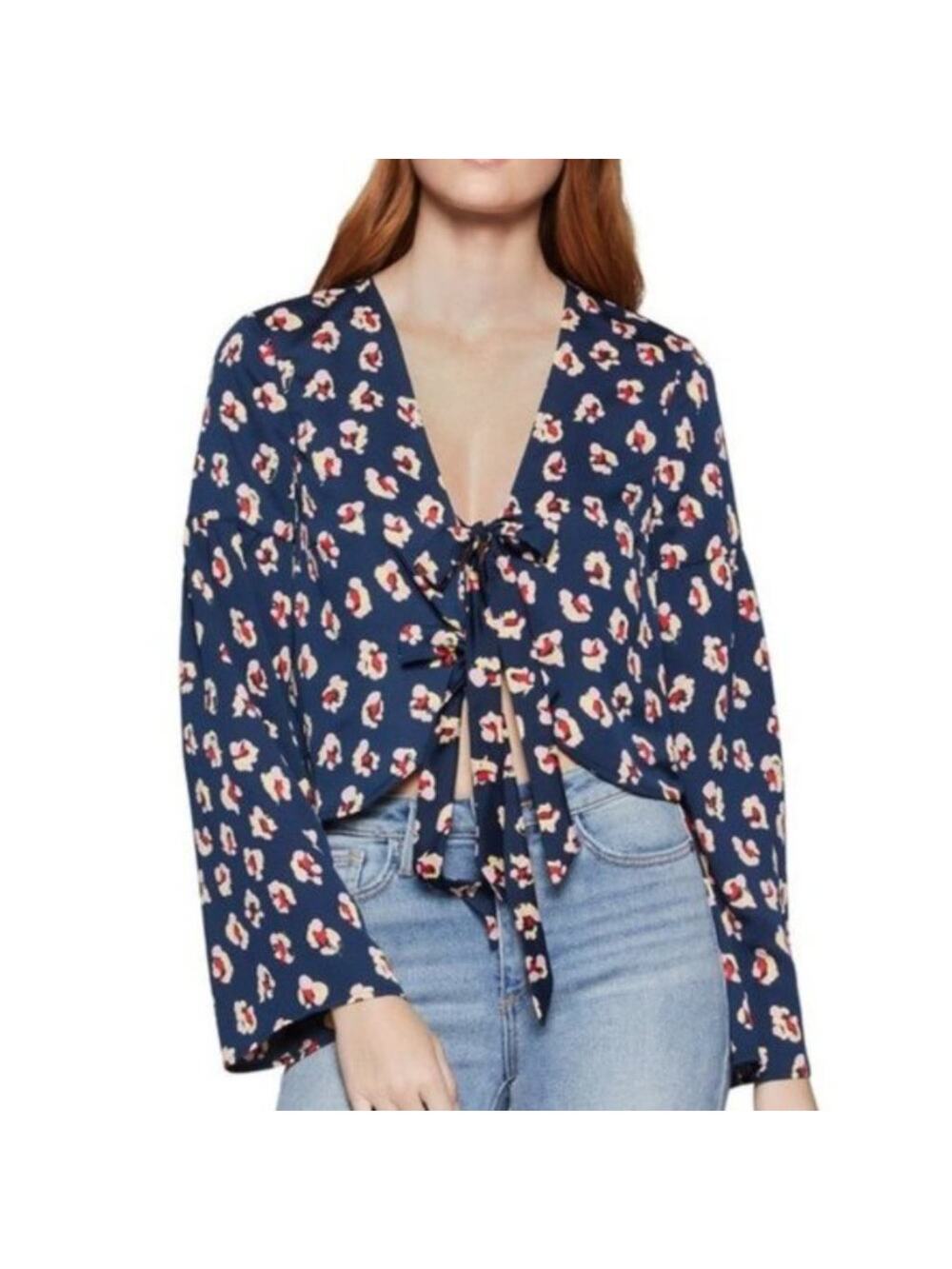 BCBGeneration Splatter-Print Tie-Front Top Blue Medium
